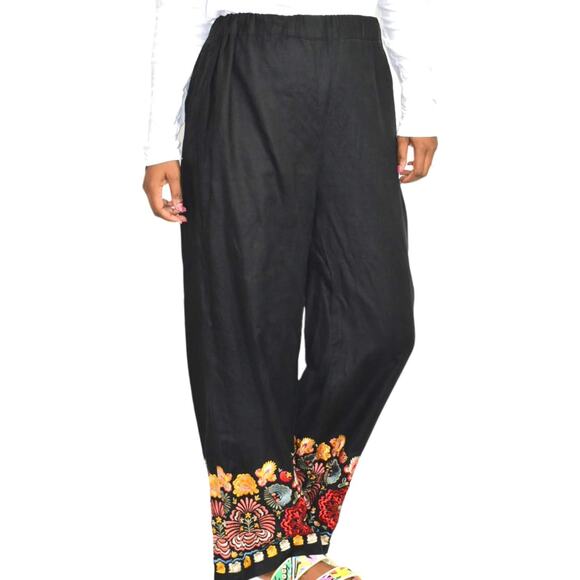 Black Linen Pant Embroidery Border Hem Floral Elastic High Waist Straight Medium - Picture 13 of 14